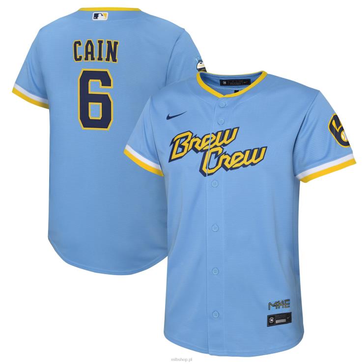 replika koszulki gracza milwaukee brewers lorenzo cain nike w kolorze pudrowego błękitu 2022 city connect młodzież 0J02V1493 MLB Jerseys