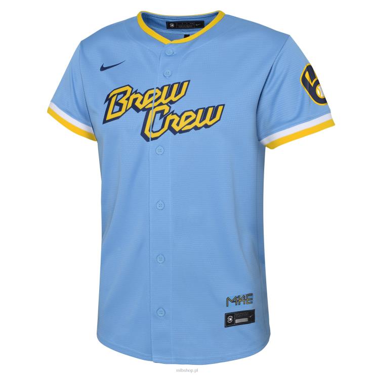 replika koszulki gracza milwaukee brewers lorenzo cain nike w kolorze pudrowego błękitu 2022 city connect młodzież 0J02V1493 MLB Jerseys