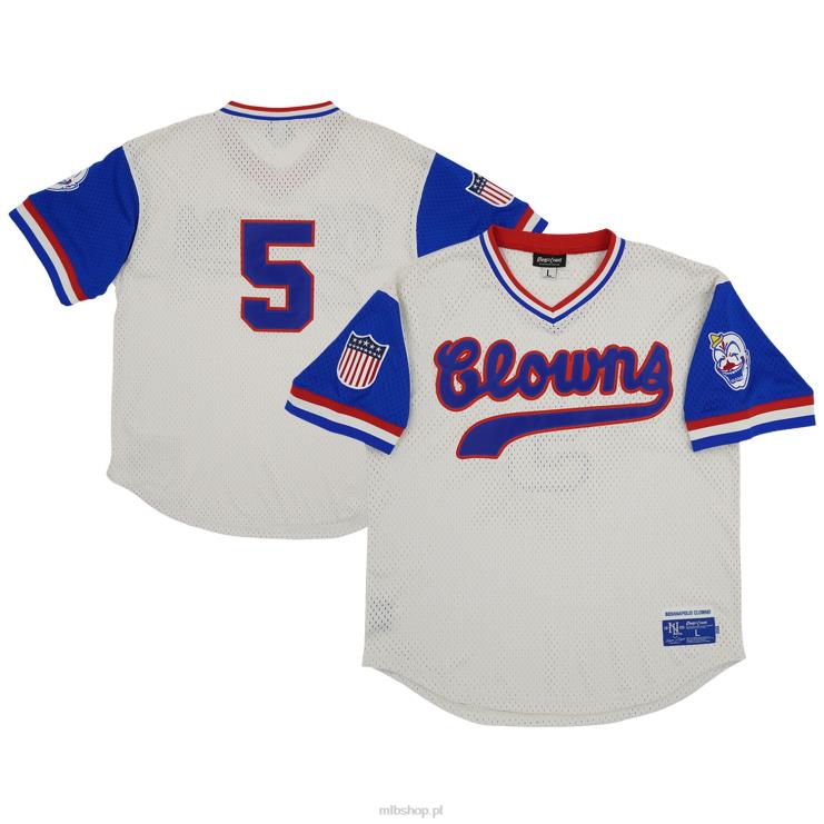 indianapolis clowns #5 rings & crwns kremowa replika siateczkowej koszulki z dekoltem w szpic mężczyźni 0J02V1408 MLB Jerseys